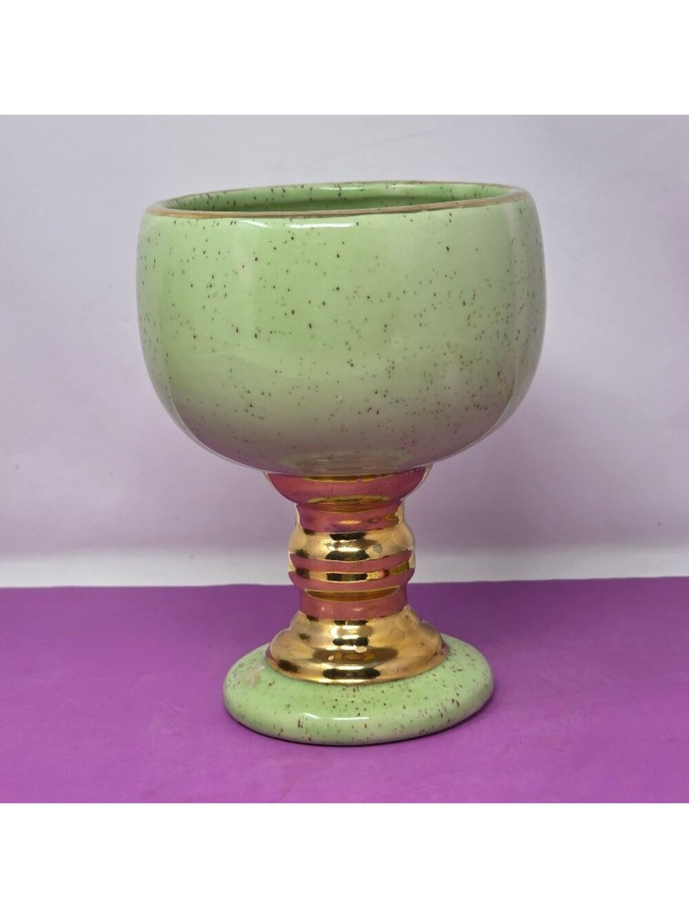 Vintage‎ Green Speckled Pedestal Planter 23K Gold Trim Ceramic Urn Vase MCM